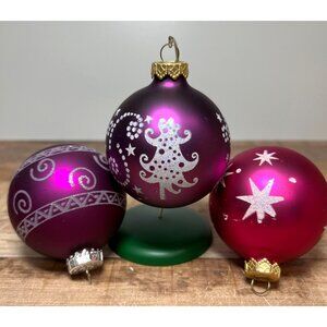 Set Of 3 Glass Purple Glass Christmas Ornaments With Glitter Designs